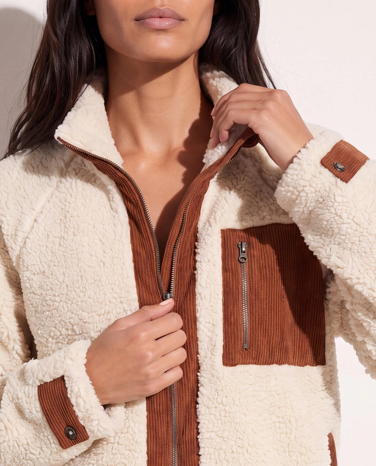 Cream/Brown $|& Herizon Sherpa Jacket with Corduroy Pocket - SOF Back