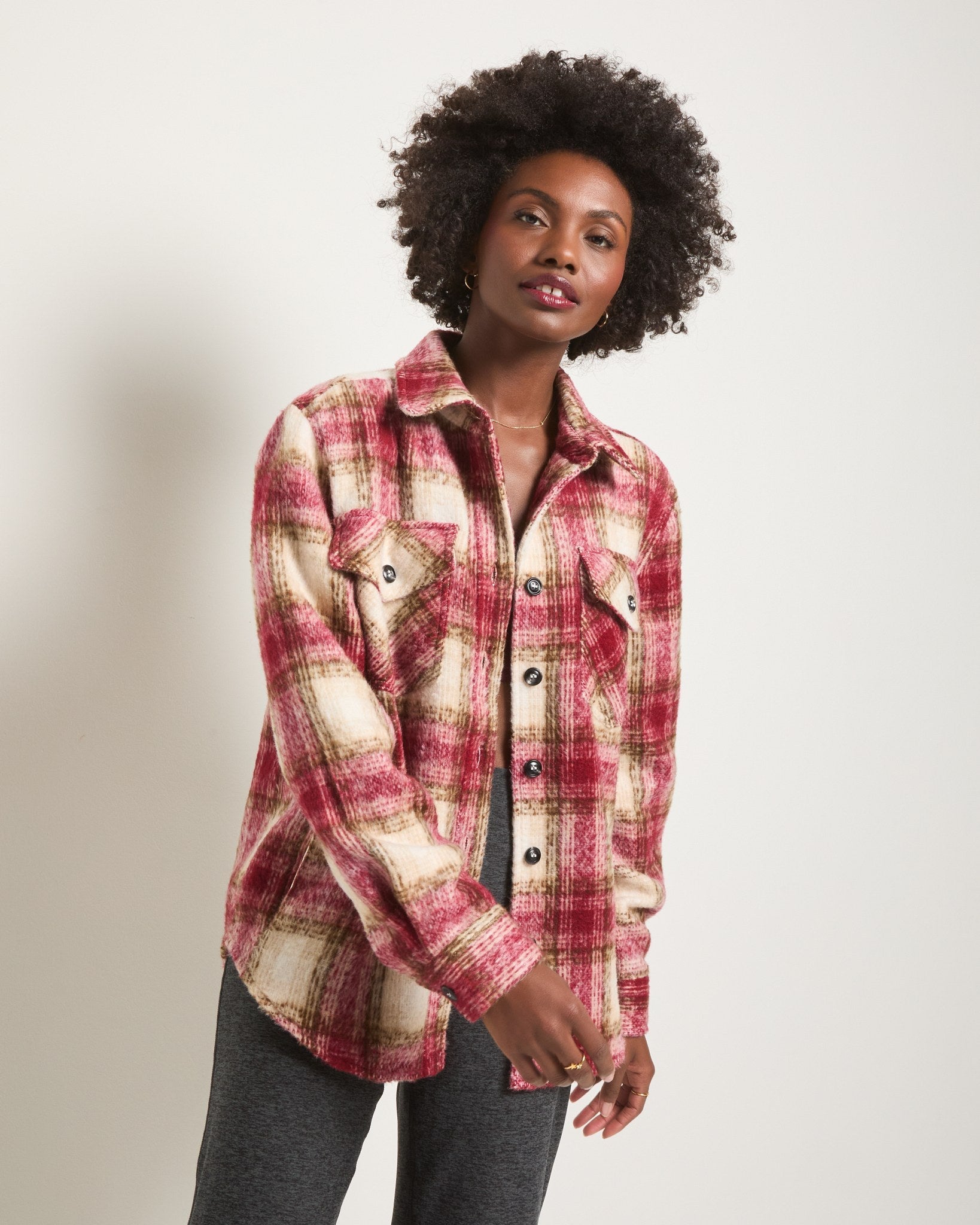 Red Plaid $|& Interval Cozy Plaid Shacket - SOF Front