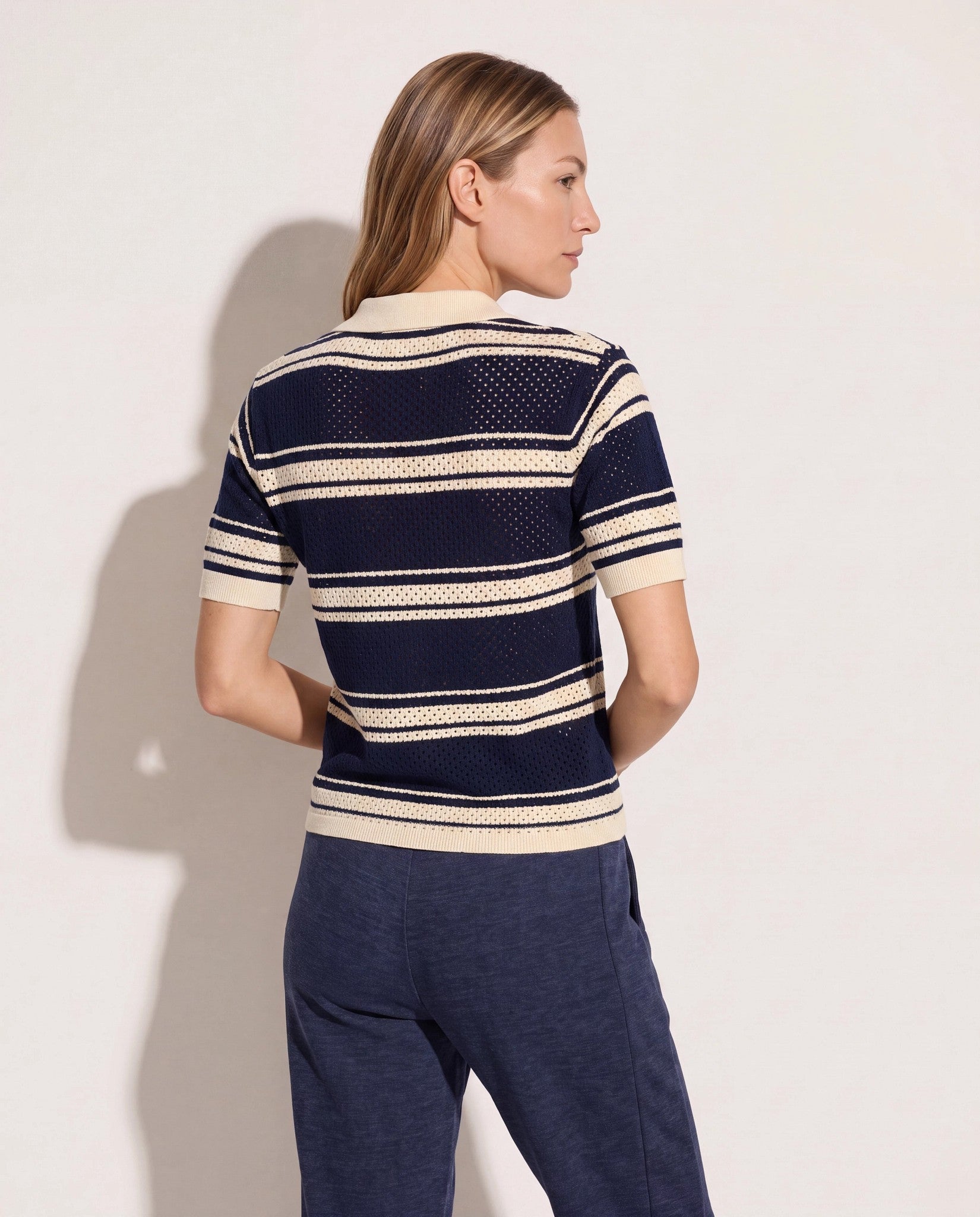Ink Navy/Cream Stripe $|& Interval Serve Short Sleeve Polo - SOF Back