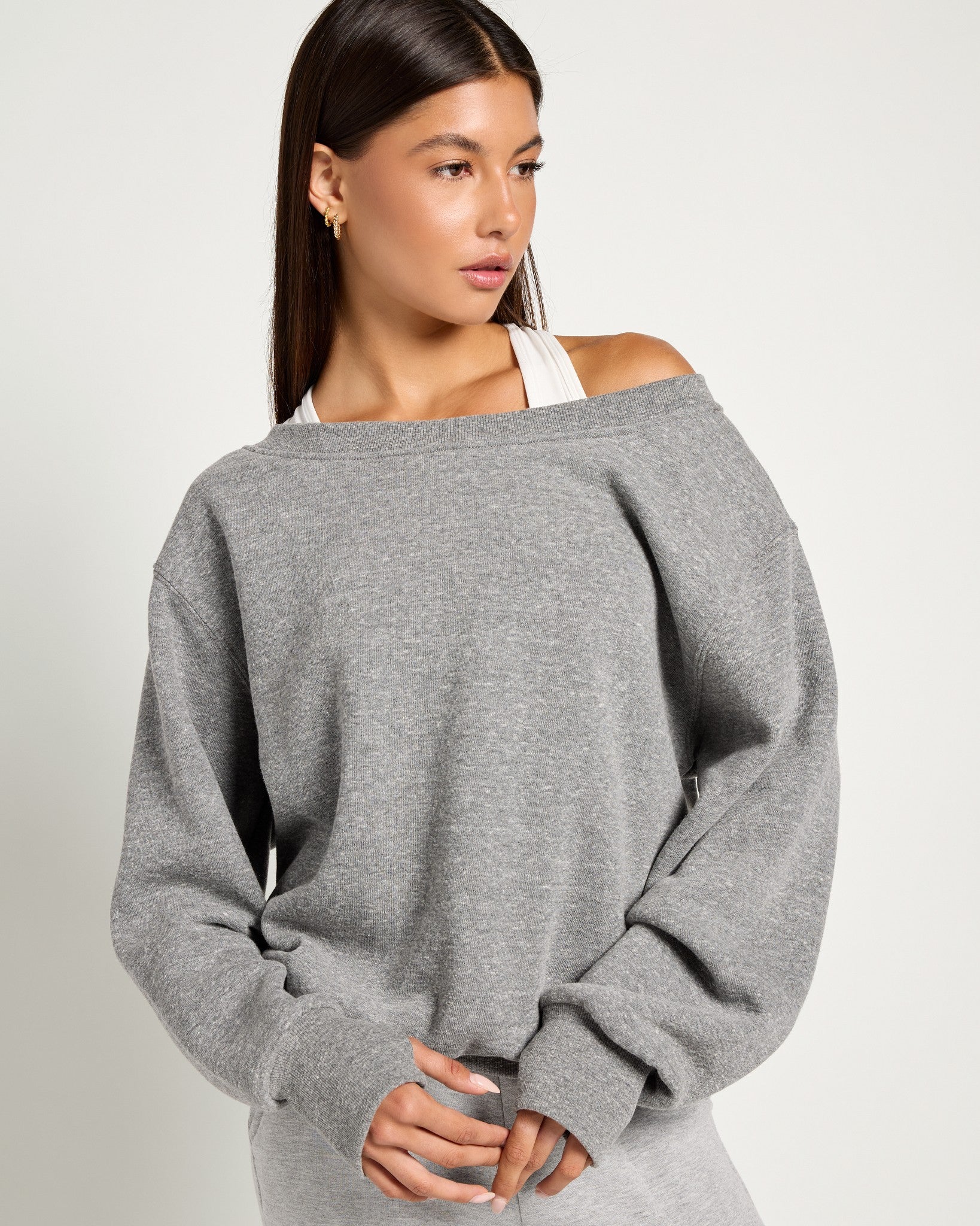Heather Grey $|& Interval Fleece One Shoulder Pullover - SOF Front