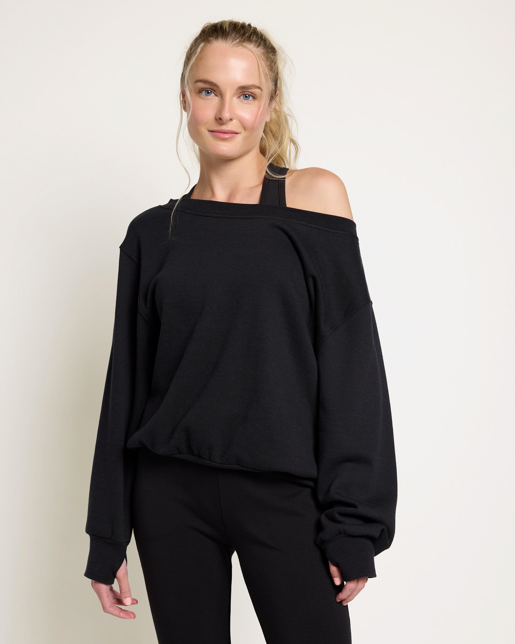Black $|& Interval Fleece One Shoulder Pullover - SOF Front