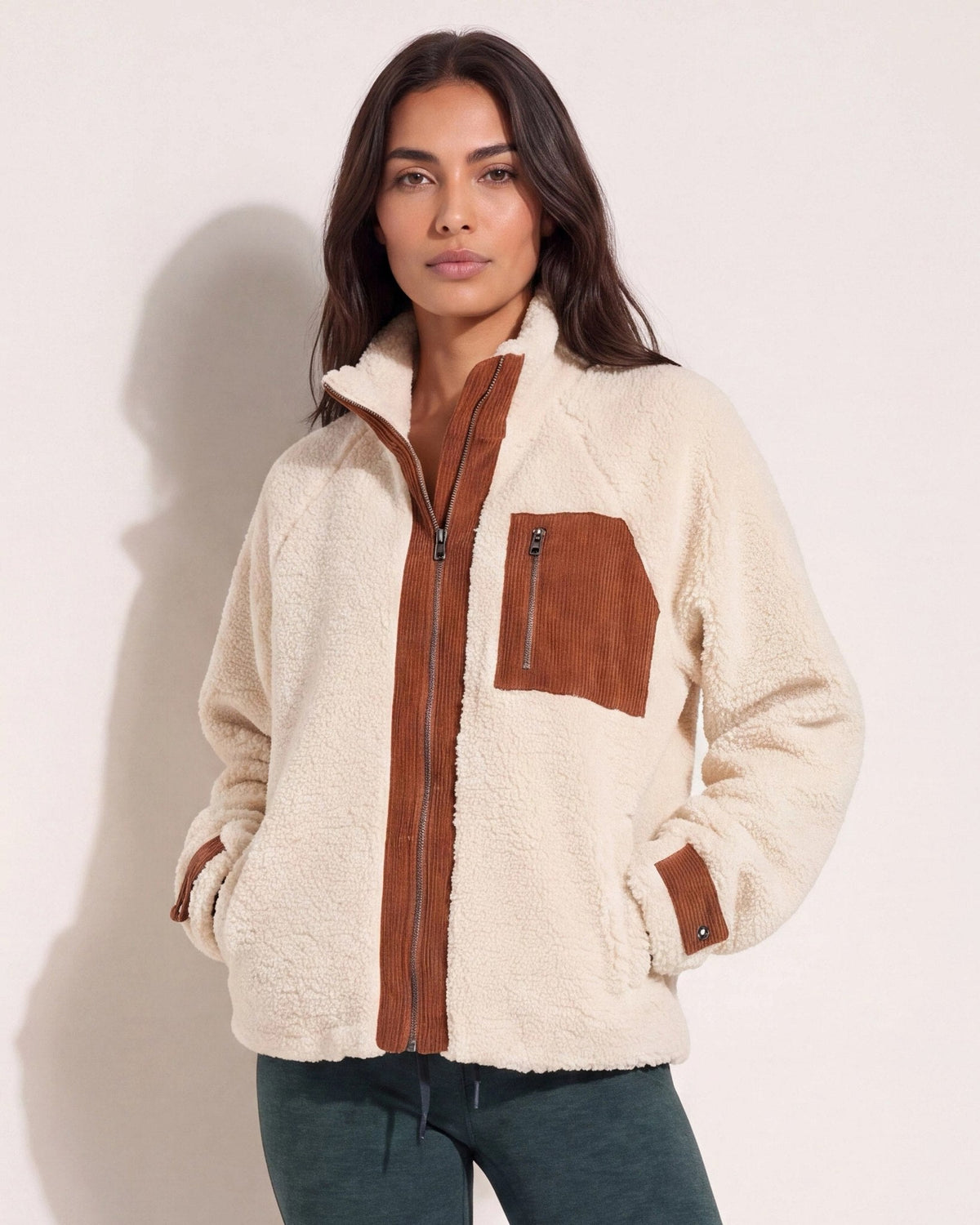 Cream/Brown $|& Herizon Sherpa Jacket with Corduroy Pocket - SOF Front