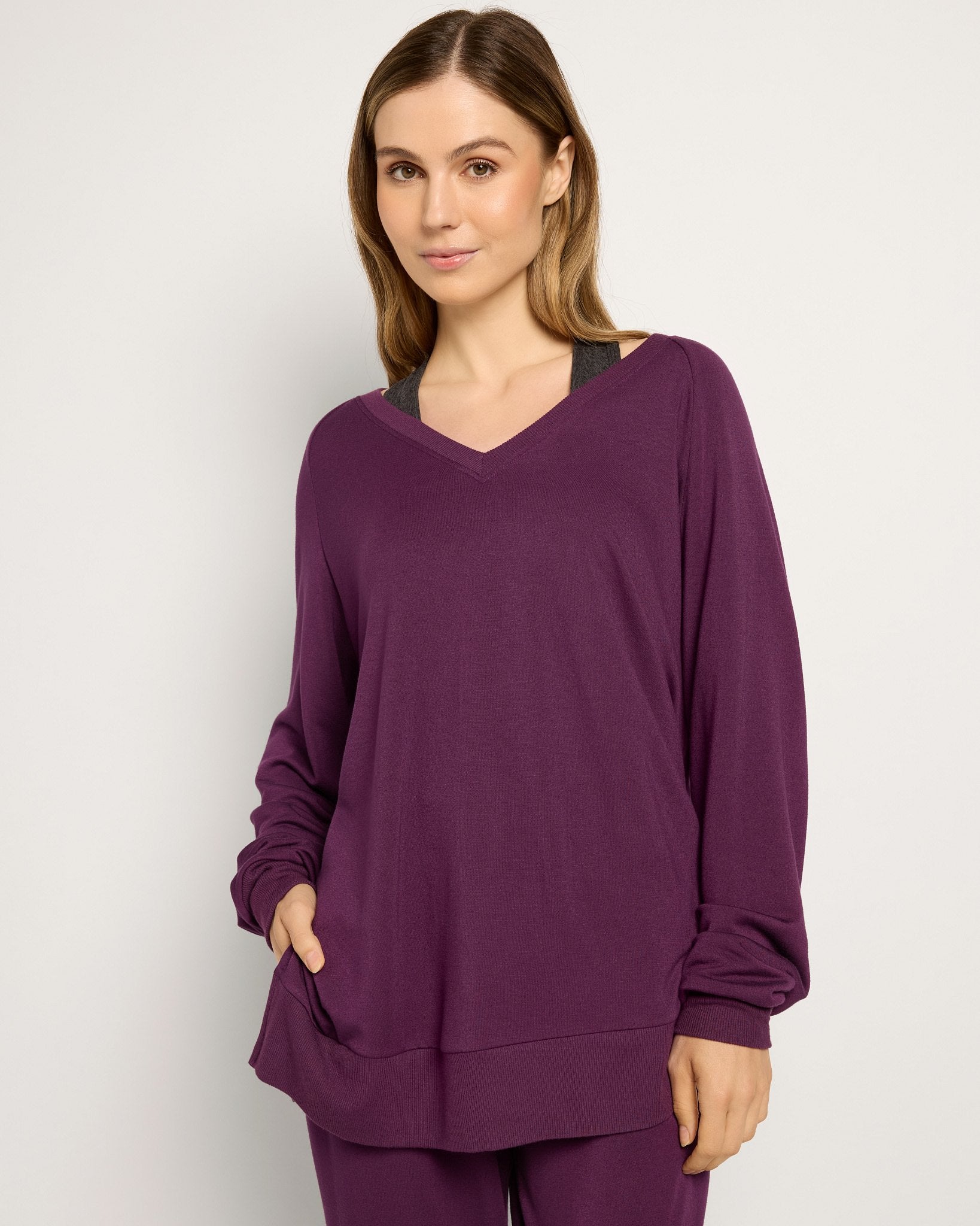 Amethyst $|& Interval Flex Fleece V-Neck Top - SOF Front