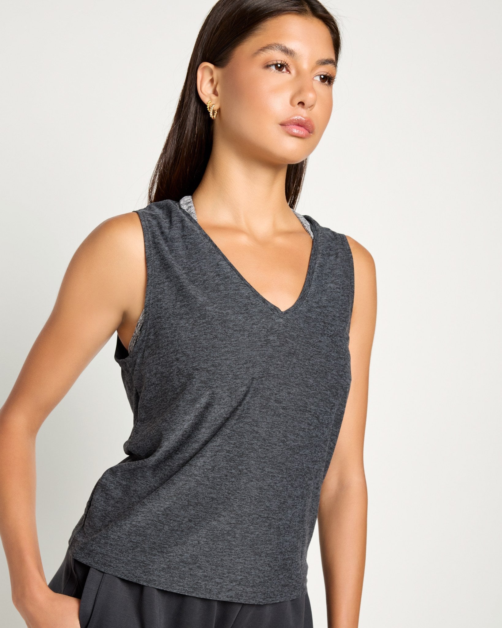 Heather Charcoal $|& Interval FlowHeather Breeze Escape Tank - SOF Front