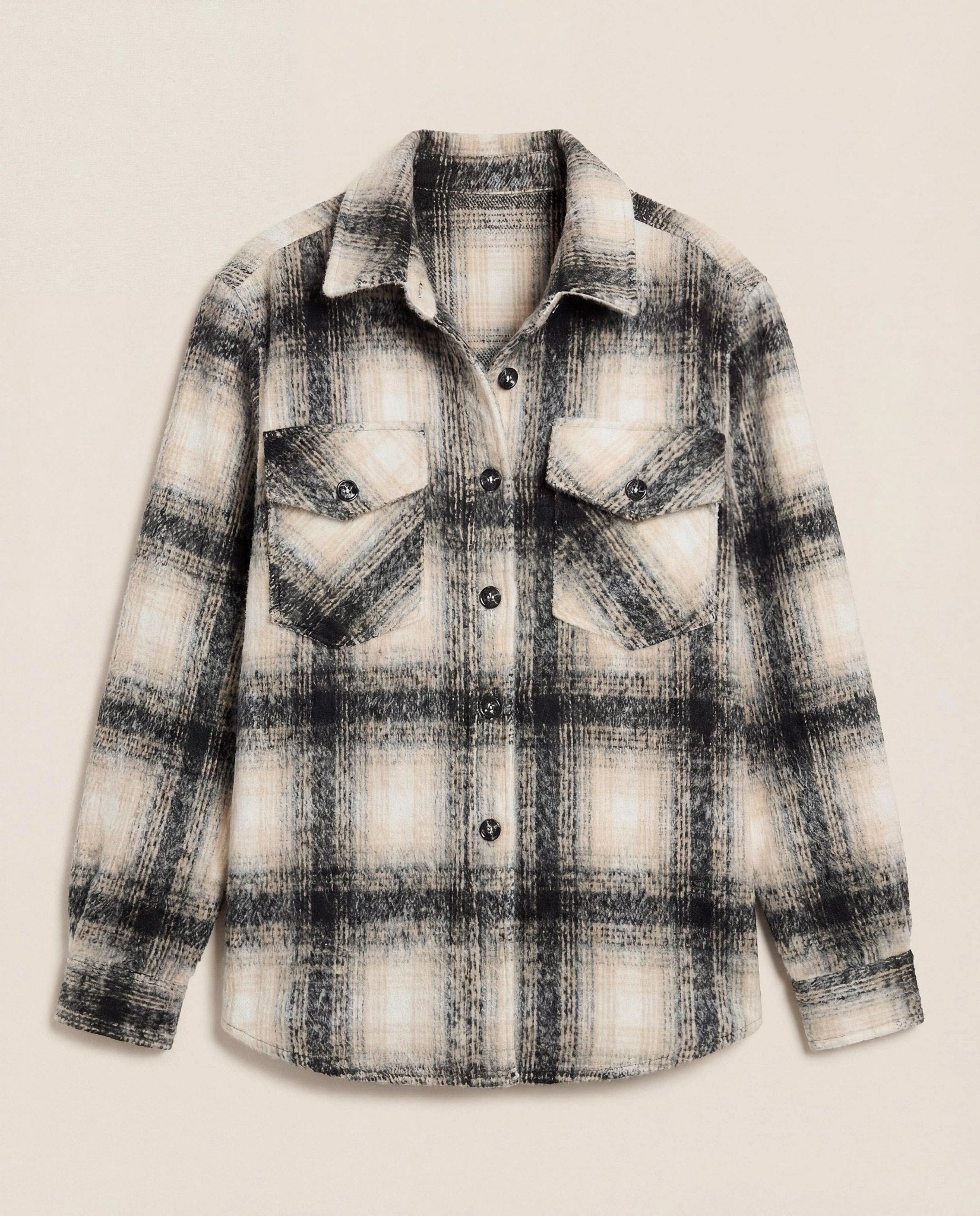 Black Plaid $|& Interval Cozy Plaid Shacket - Hanger Detail