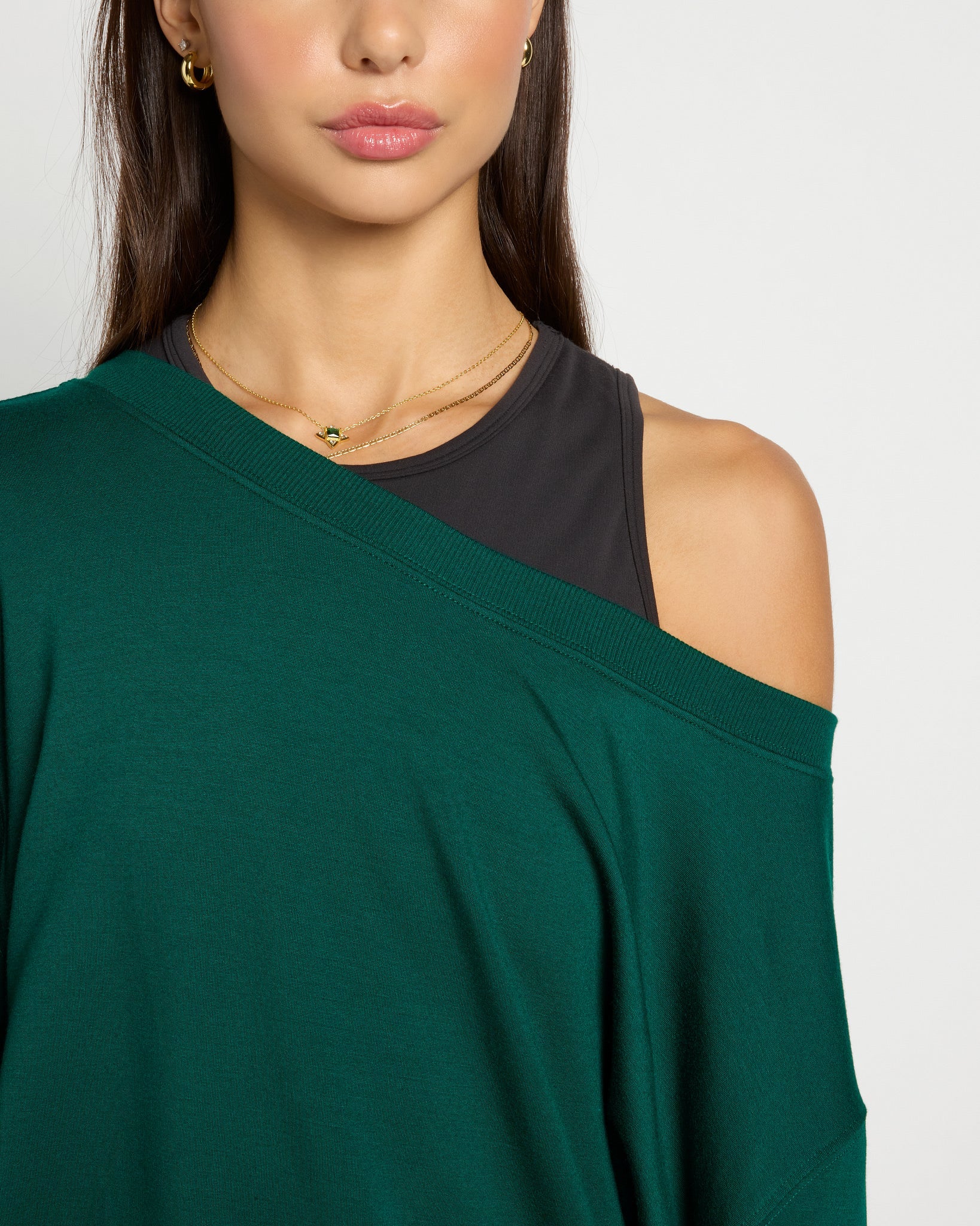 Forest Green $|& Interval Flex Fleece One Shoulder Pullover - SOF Full Front