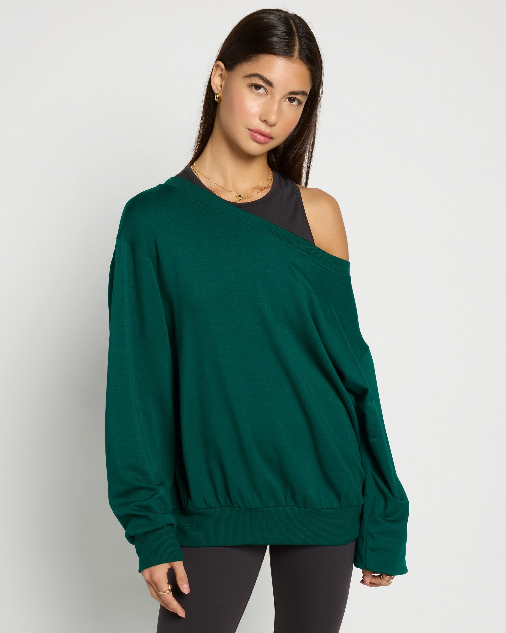 Forest Green $|& Interval Flex Fleece One Shoulder Pullover - SOF Front