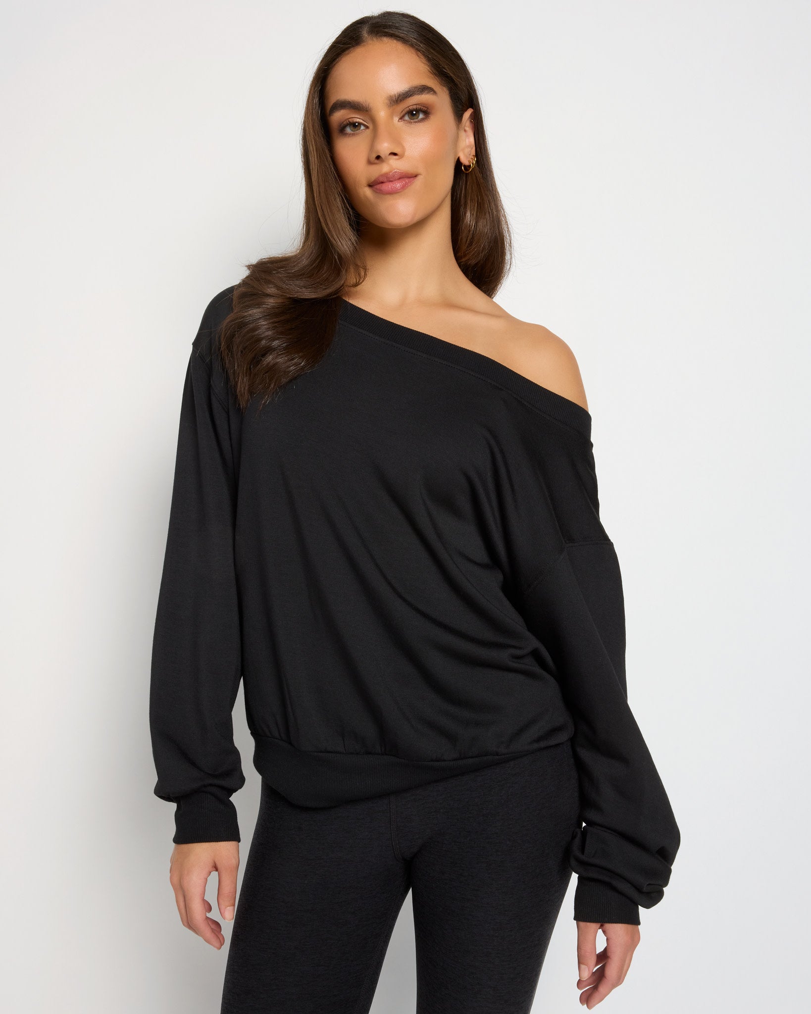 Black $|& Interval Flex Fleece One Shoulder Pullover - SOF Front