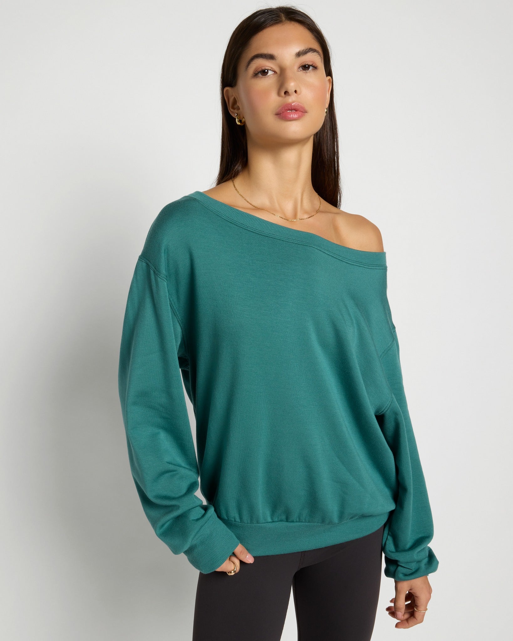Deep Teal $|& Interval Flex Fleece One Shoulder Pullover - SOF Front
