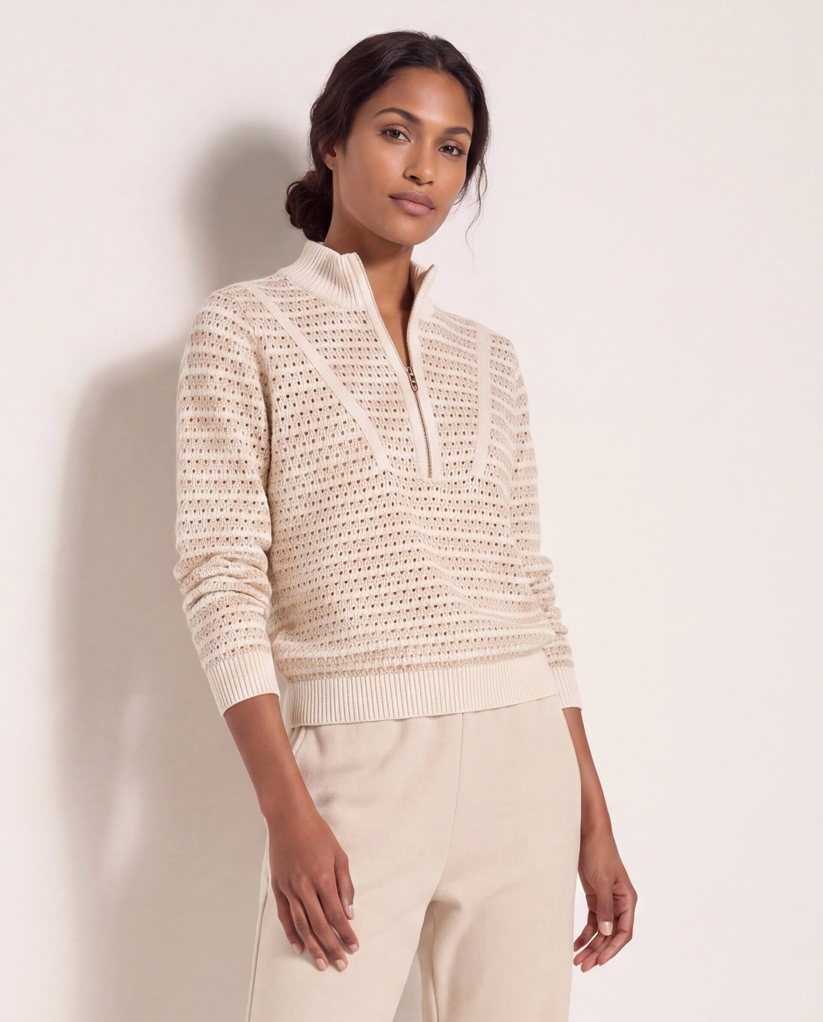 Cream Stripe $|& Interval Influence Quarter Zip Sweater - SOF Front