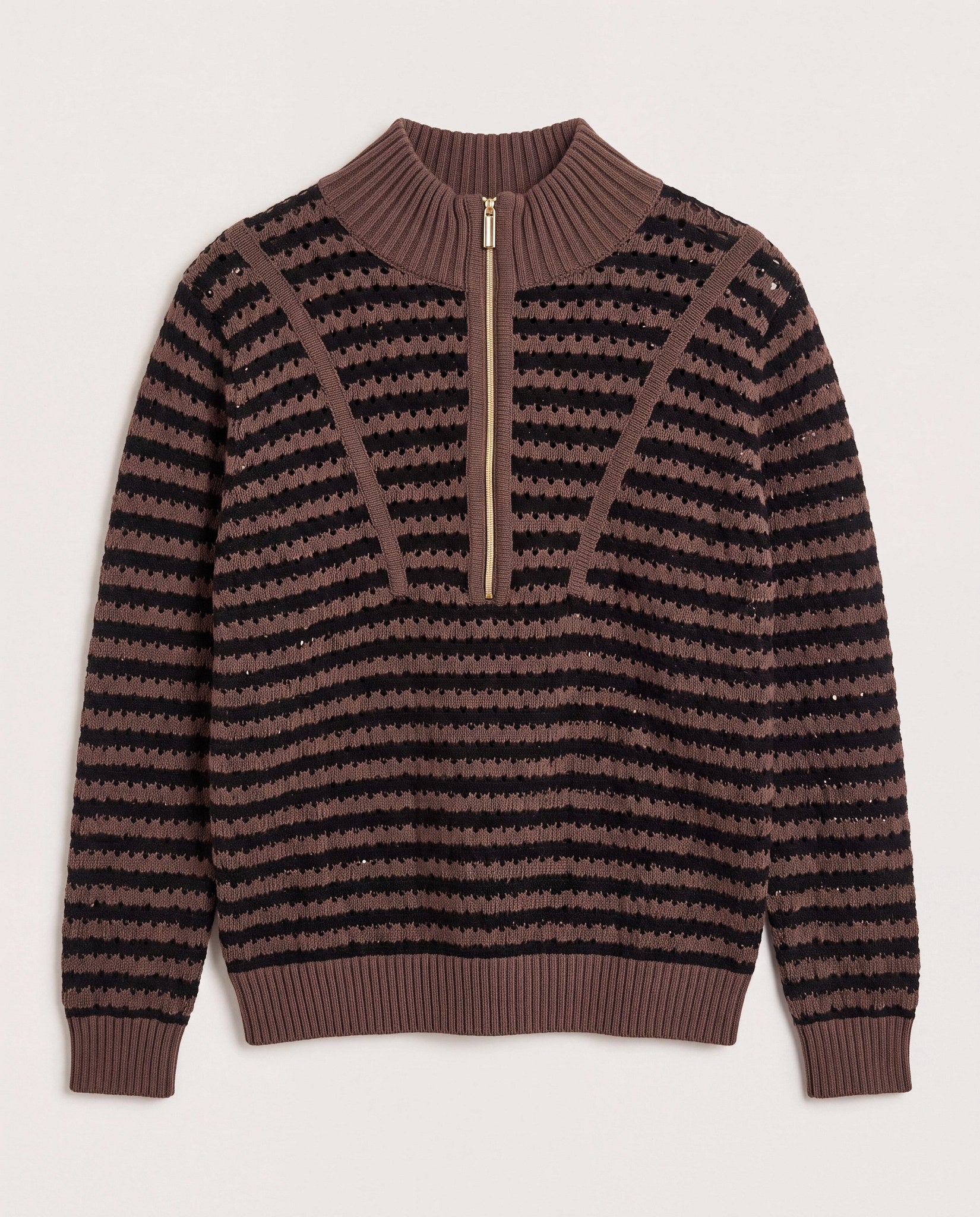Walnut Stripe $|& Interval Influence Quarter Zip Sweater - Hanger Detail