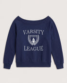 Navy $|& Interval Tri Blend Fleece One Shoulder Graphic Pullover - Hanger Detail