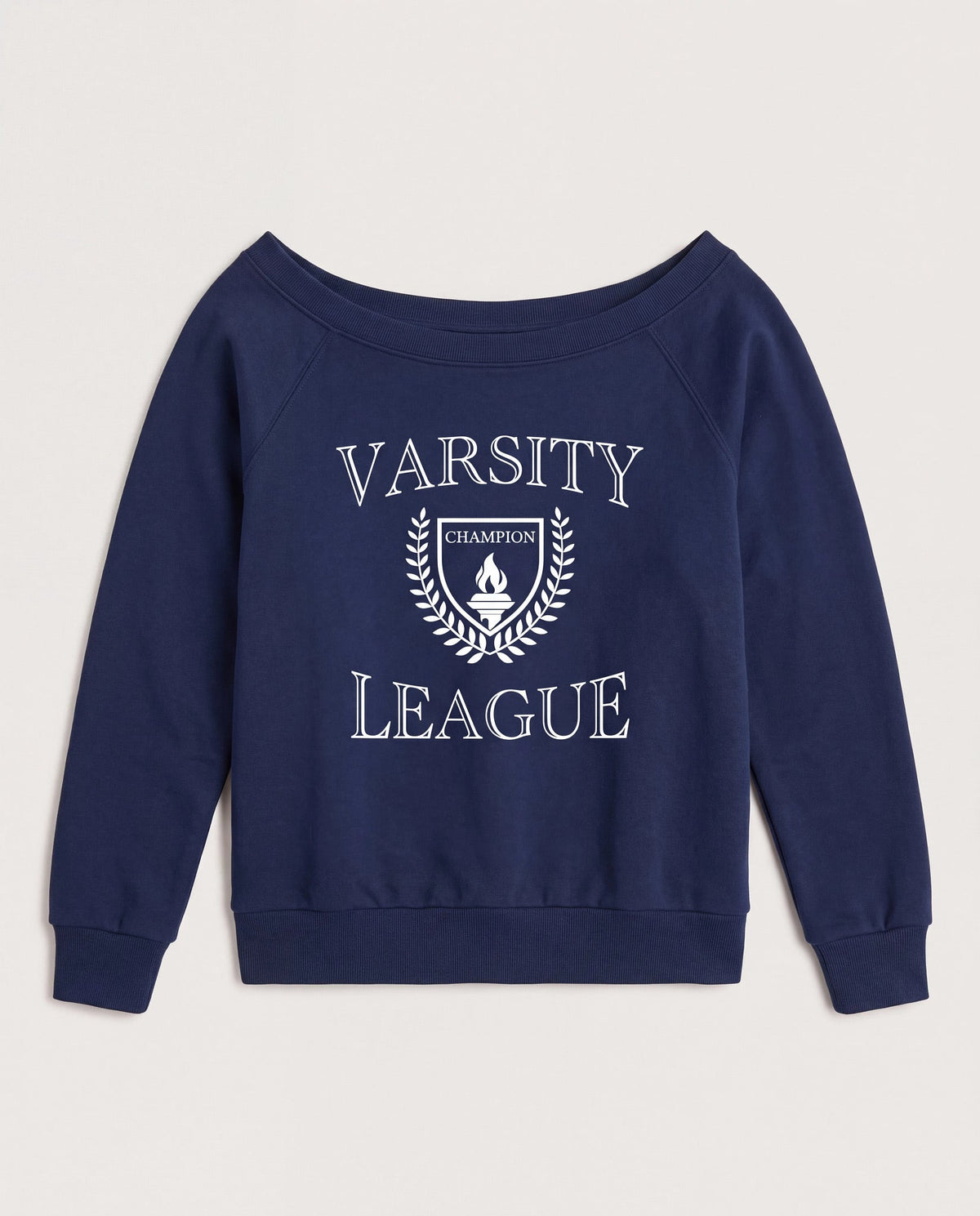 Navy $|& Interval Tri Blend Fleece One Shoulder Graphic Pullover - Hanger Detail